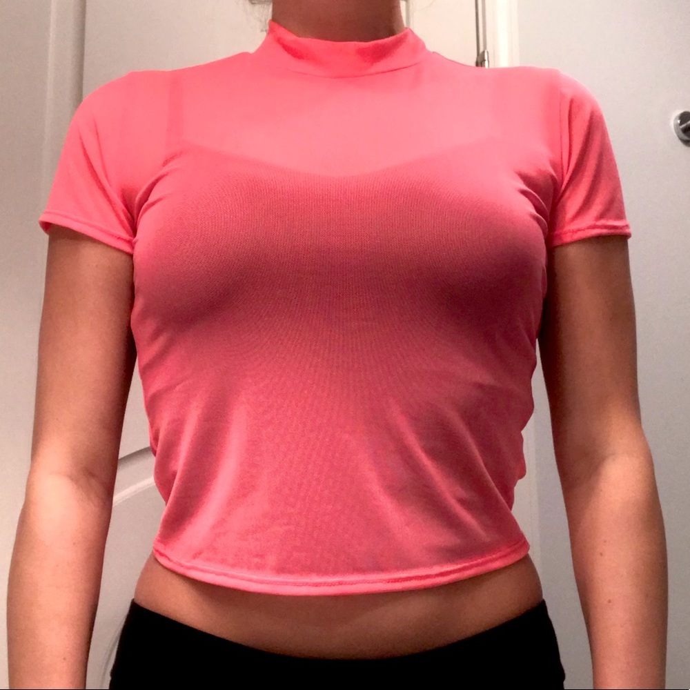 NWOT GEMSTONE Neon Pink Mesh Mock Neck Top Sz. S